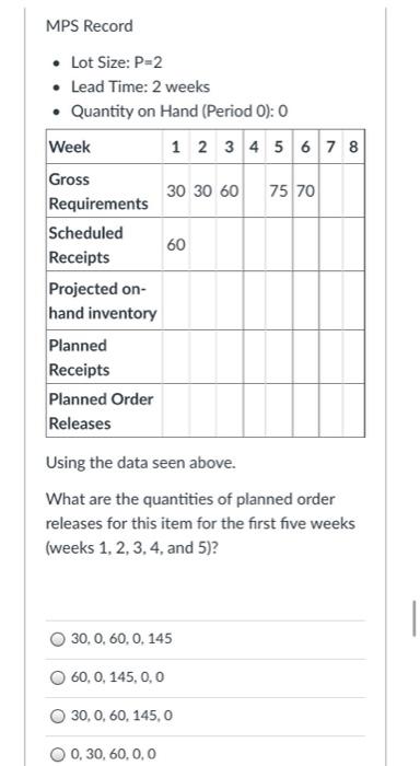  MPS Record Lot Size: P-2 Lead Time: 2 weeks Quantity on