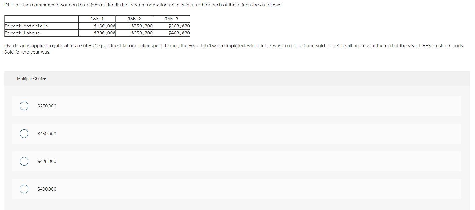  DEF Inc. has commenced work on three jobs during its first