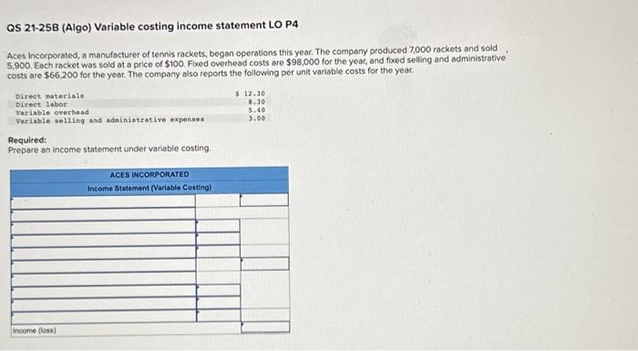  QS 21-25B (Algo) Variable costing income statement LO P4 Aces incorporated,