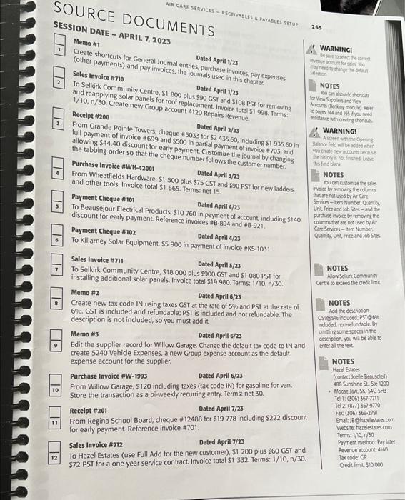  AIR CARE SERVICES - RECEIVABLES & PAYABLES SETUP WARNINGI SOURCE DOCUMENTS