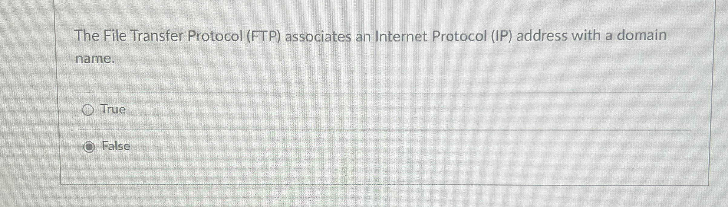  The File Transfer Protocol (FTP) associates an Internet Protocol (IP) address