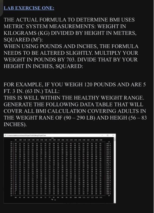 BMI TABLES ECET 344LAB \#2 PAGE 2 OF 2 INDIVIDUAL LAB -