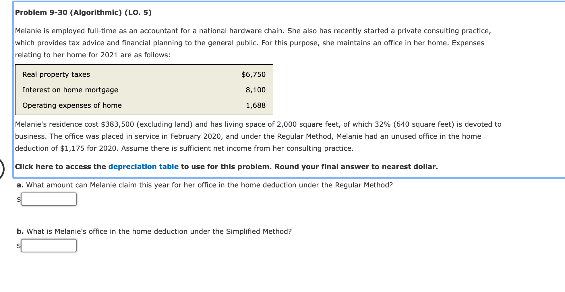 Problem 9-30 (Algorithmic) (LO. 5) Melanie is employed full-time as an