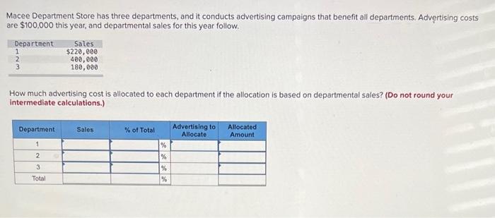 answer fast ill rate good Macee Department Store has three departments, and