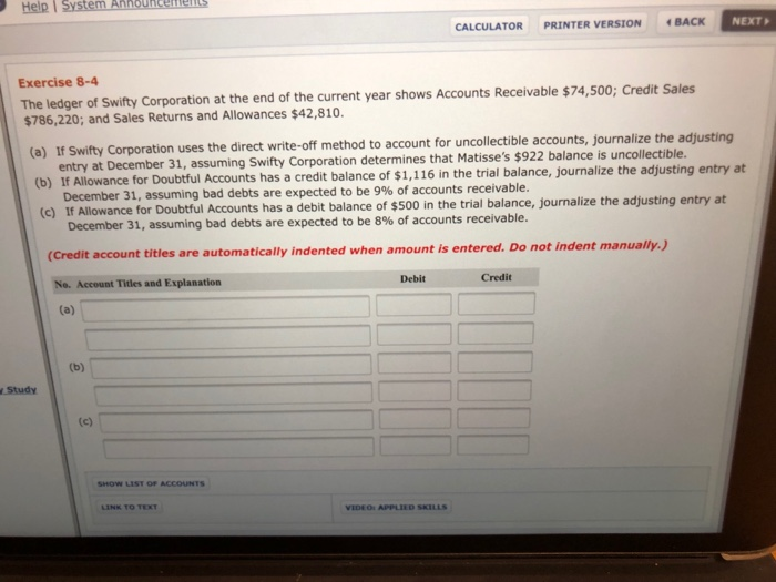  GILL CALCULATOR PRINTER VERSION BACK NEXT Exercise 8-4 The ledger of