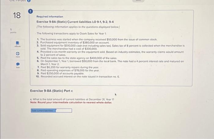  18 5 points eBook 101 Hint Ask Required information Exercise 9-8A