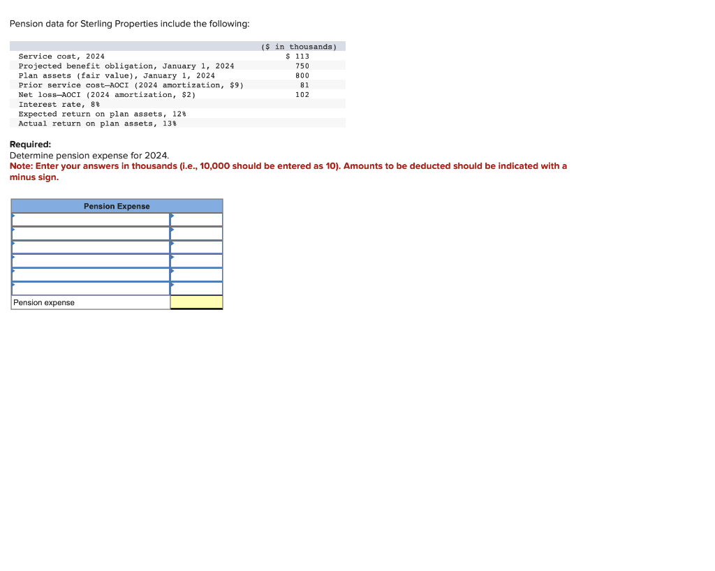Pension data for Sterling Properties include the following: Required: Determine pension