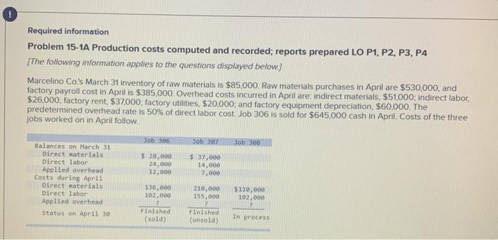 HELP PLEASE Required information Problem 15-1A Production costs computed and recorded; reports