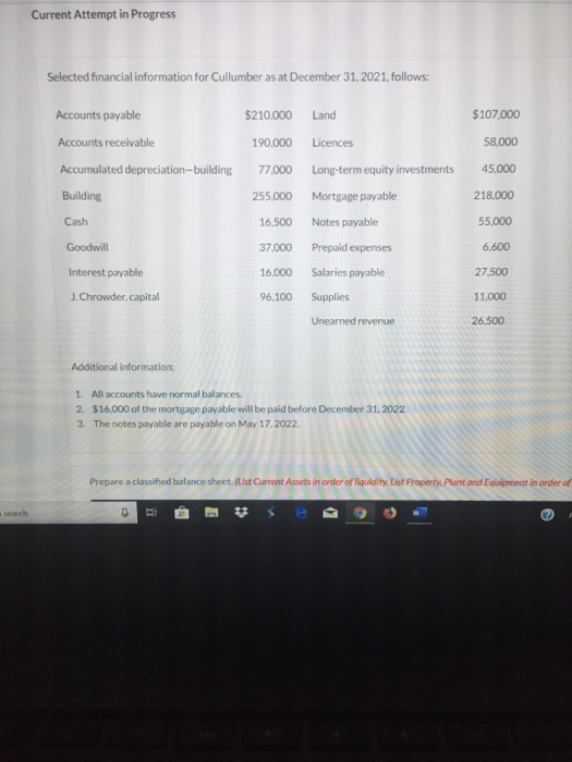  Current Attempt in Progress Selected financial information for Cullumber as at