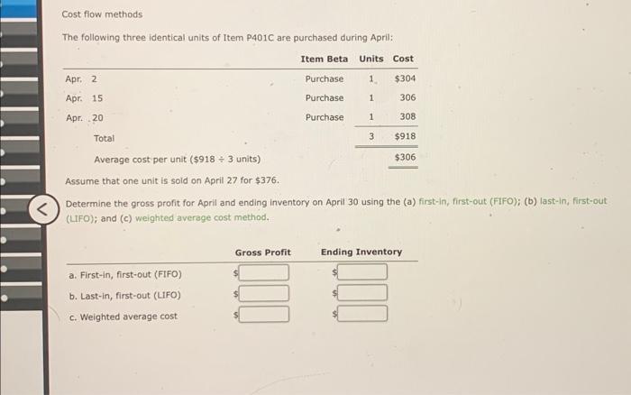 please help Cost flow methods The following three identical units of Item
