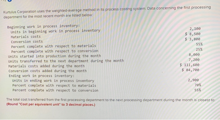  Kurtulus Corporation uses the weighted-average method in its process costing system.