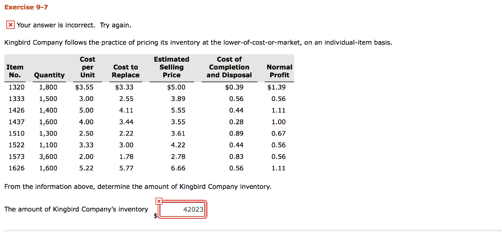 Thank you! Exercise 9-7 X Your answer is incorrect. Try again. Kingbird