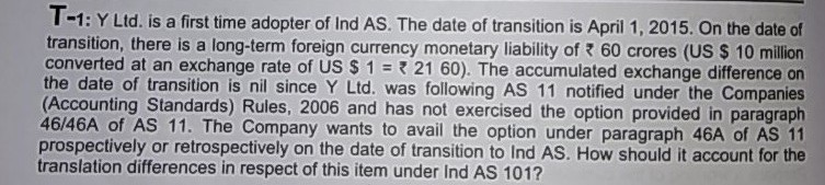 answer it as per Ind AS FR FR T-1: Y Ltd. is