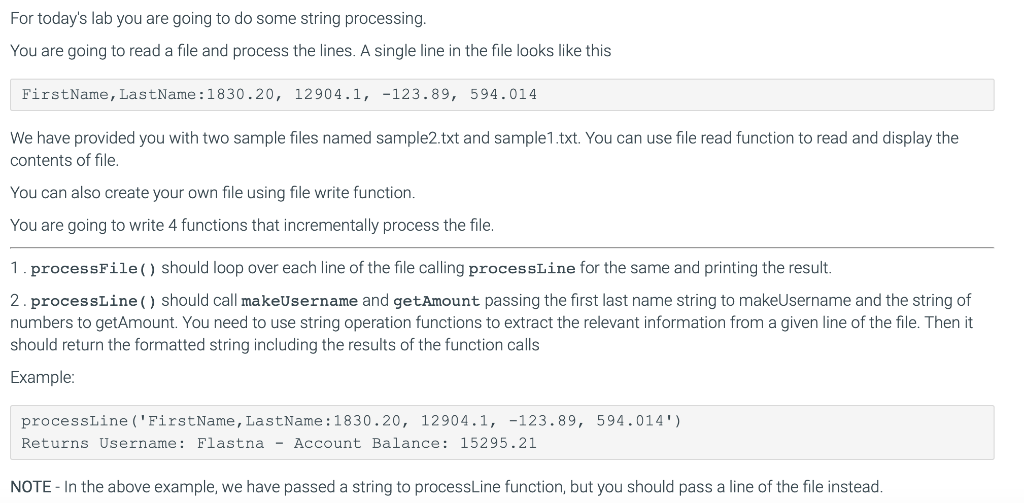 def processFile(filename): # Open file # Read line by line # print