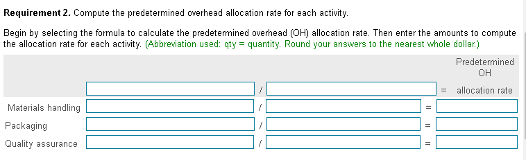 qty of the allocation base used, Estimated overhead cost, Estimated qty of