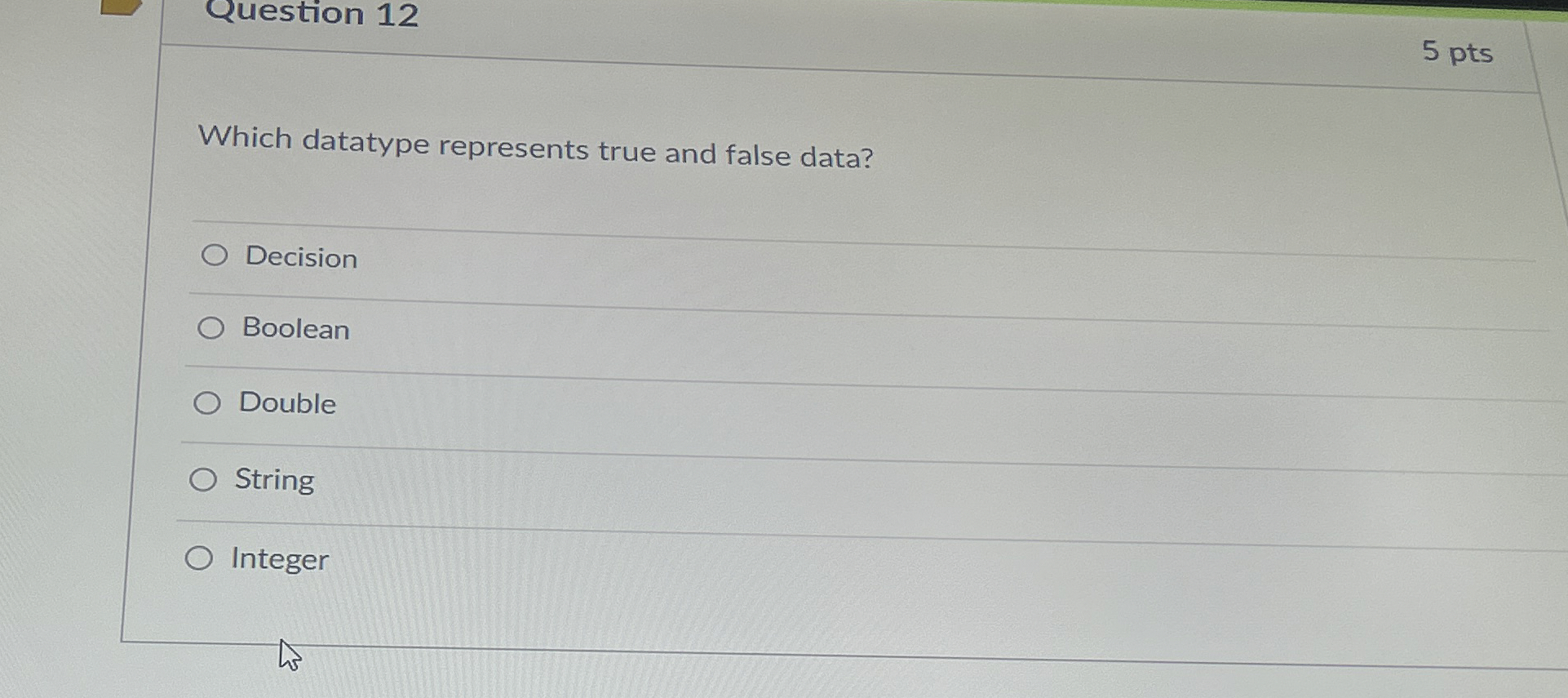  Question 12 5 pts Which datatype represents true and false data?
