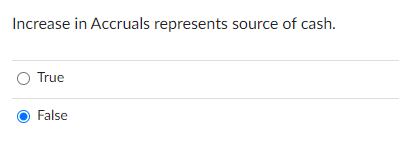  Increase in Accruals represents source of cash. True False Decrease in