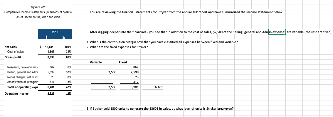 contribution margin show work please Stryker Corp. Comparative Income Statements in millions