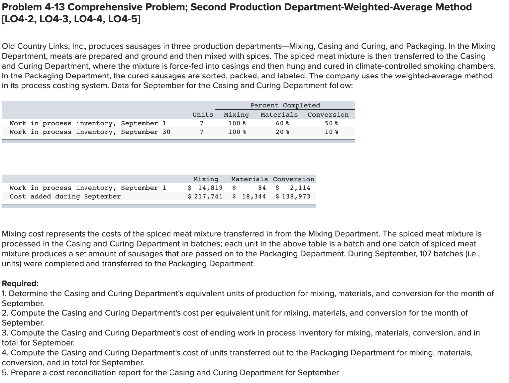  Problem 4-13 Comprehensive Problem; Second Production Department-weighted Average Method [LO4-2, LO4-3,