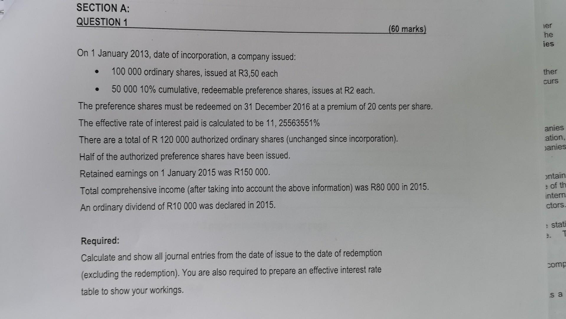 SECTION A: QUESTION 1 60 marks ) ler On 1 January
