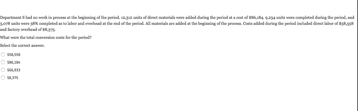 Department S had no work in process at the beginning of