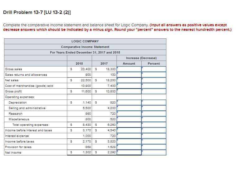 Drill Problem 13-7 [LU 13-2 (2)] Complete the comparative Income statement