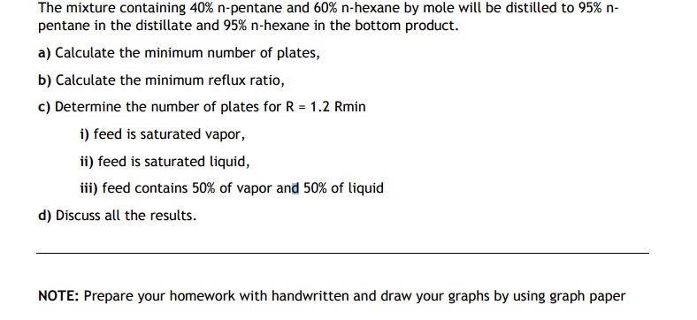  The mixture containing 40%n-pentane and 60%n-hexane by mole will be distilled