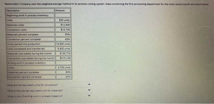  Watermelon Company uses the weighted average method in its process costing