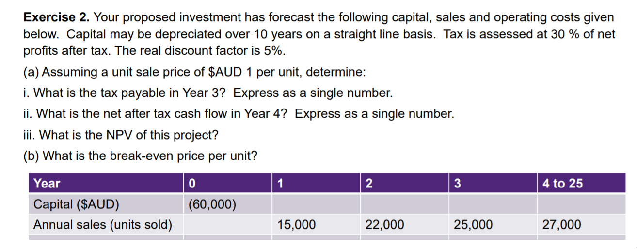 please answer(b) and explain it Exercise 2. Your proposed investment has forecast