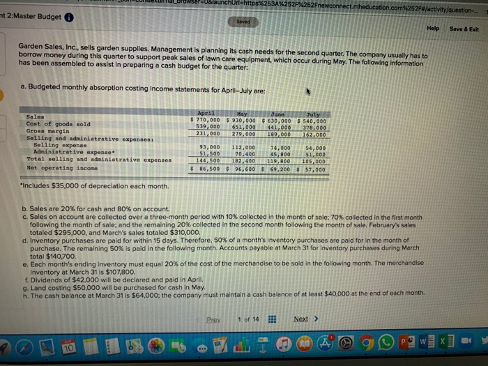  H=https F%252Fnewconnect.mheducation.com%252F#/activity/question- mt 2:Master Budget Seved Help Save & Exit Garden