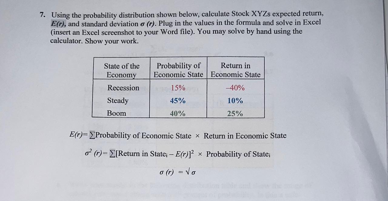Please show work 7. Using the probability distribution shown below, calculate Stock