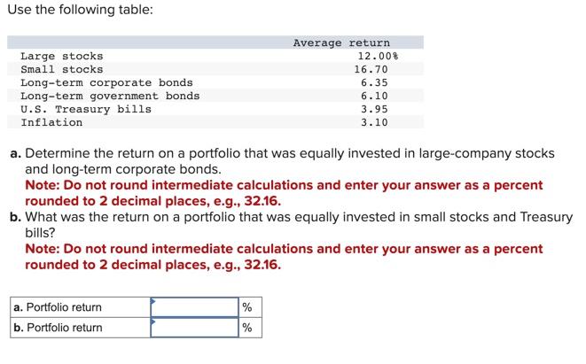 Use the following table: a. Determine the return on a portfolio