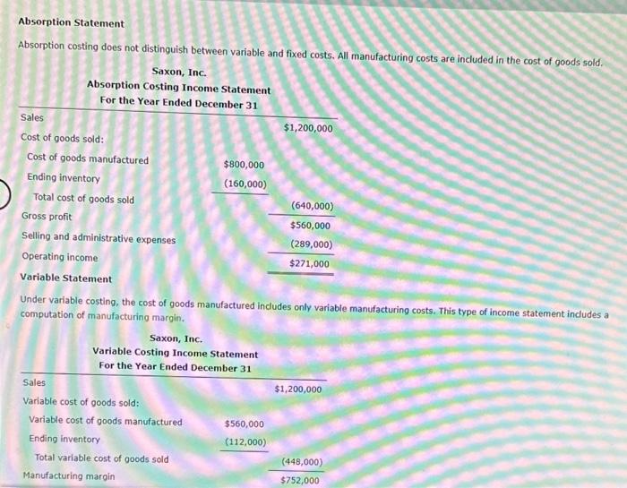  Absorption Statement Absorption costing does not distinguish between variable and fixed