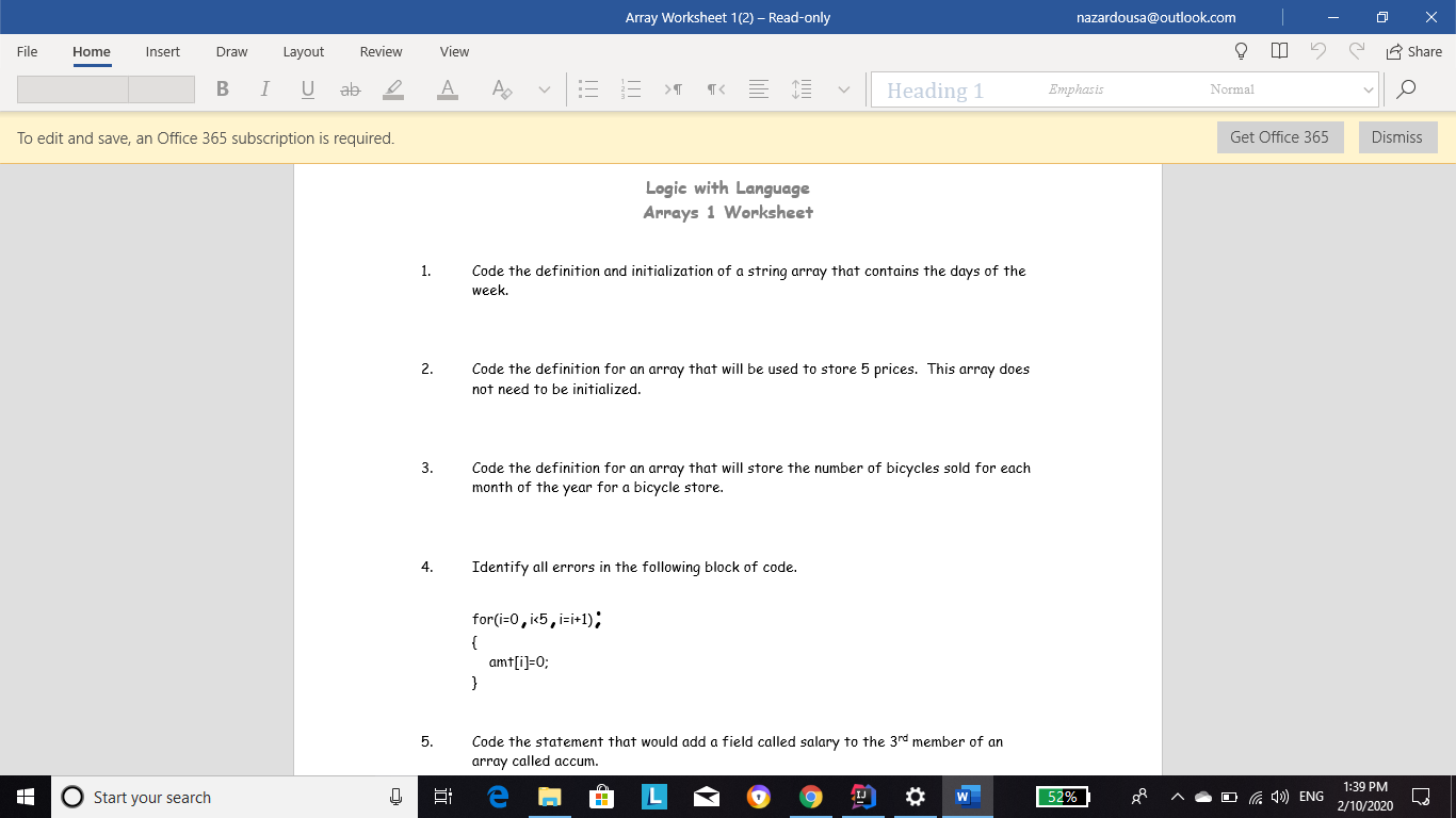  Array Worksheet 1(2) - Read-only nazardousa@outlook.com - 0 x Share File