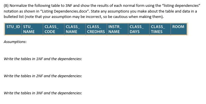 Draw table for each part. (B) Normalize the following table to 3NF