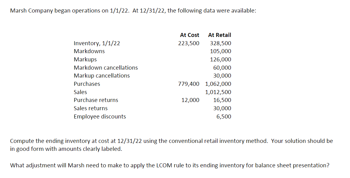 (Answer using excel for a thumbs up please) Marsh Company began operations