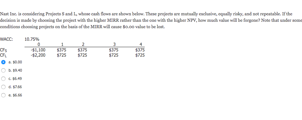  Nast Inc. is considering Projects S and L, whose cash flows