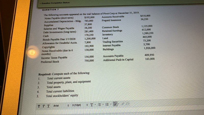 Question Completion Status: QUESTION 7 The following accounts appeared on the