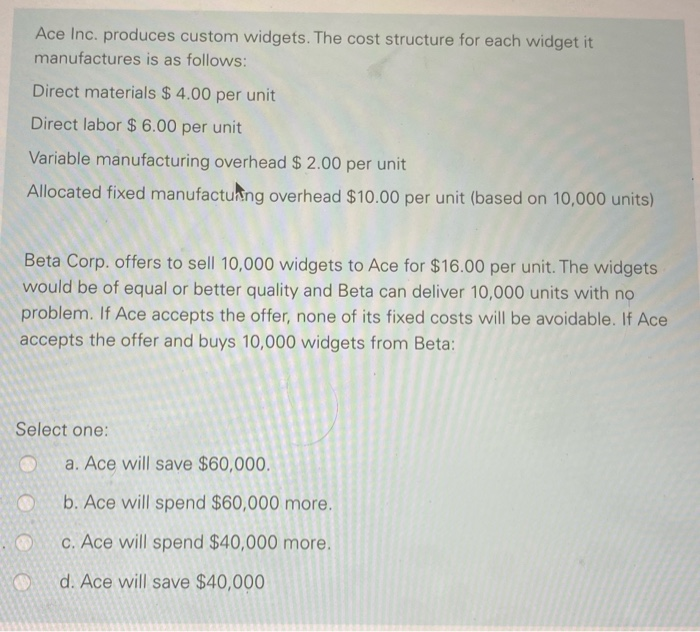  Ace Inc. produces custom widgets. The cost structure for each widget