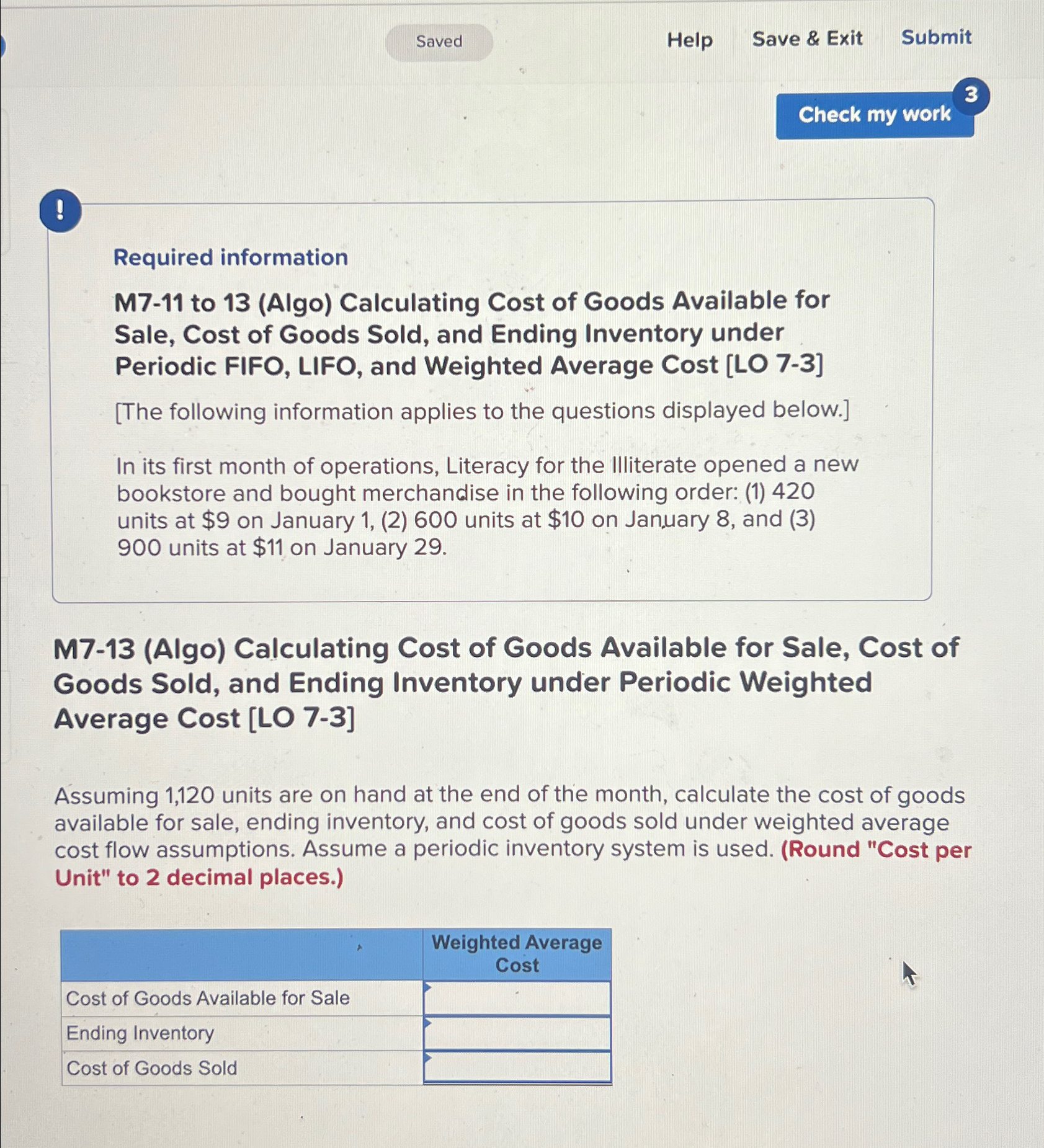  Help Save & Exit Submit ! Required information M7-11 to 13(Algo)