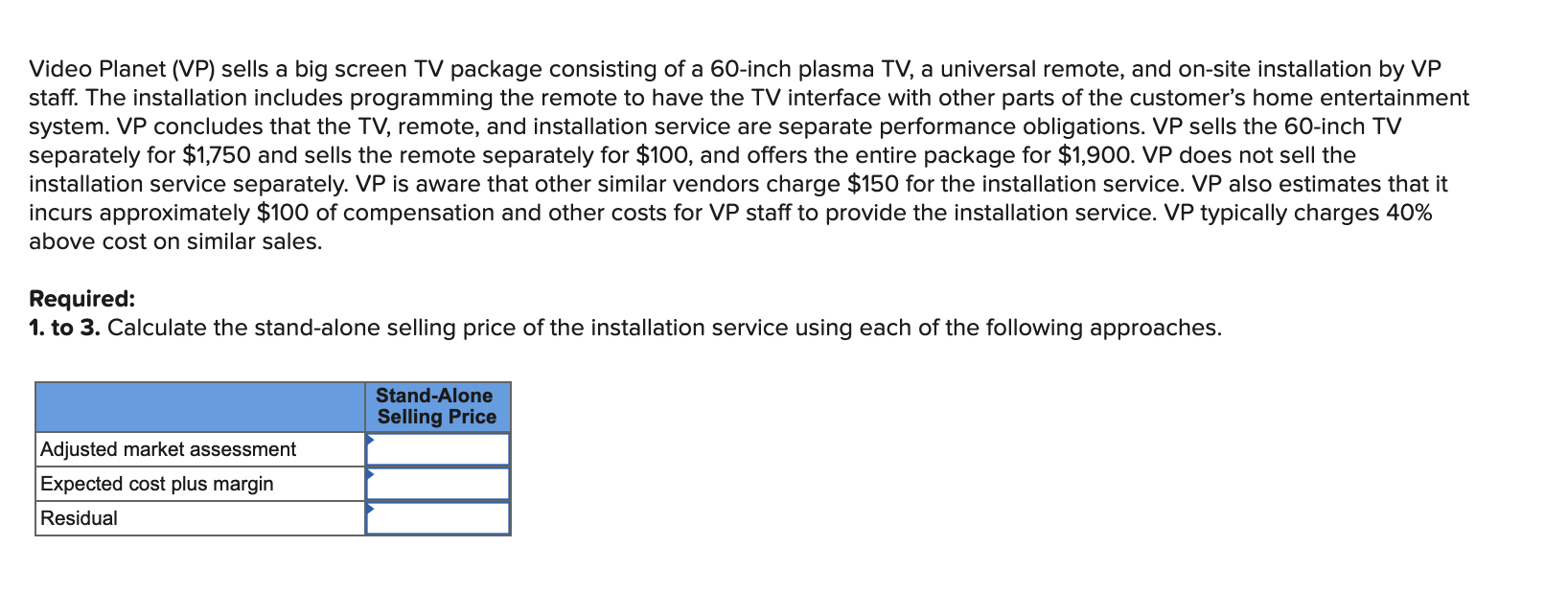 Video Planet (VP) sells a big screen TV package consisting of