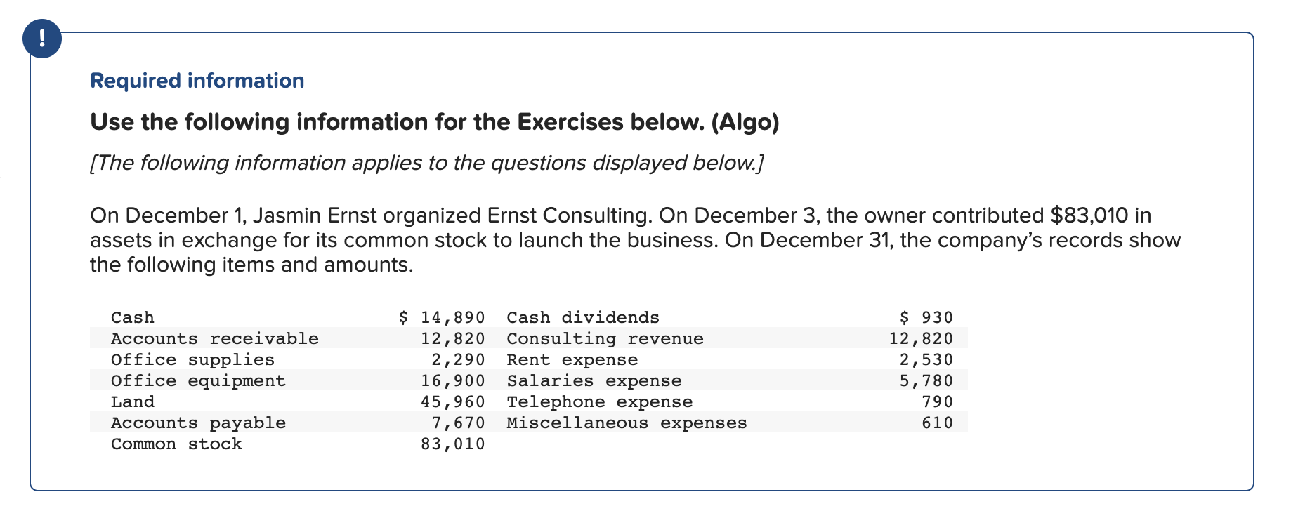  Required information Use the following information for the Exercises below. (Algo)
