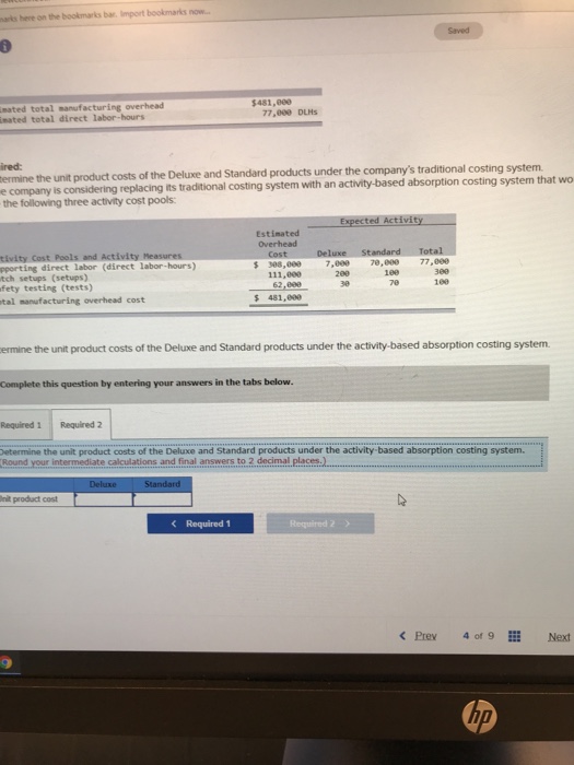 two product lines appear below Direct naterials per unit Direct labor per