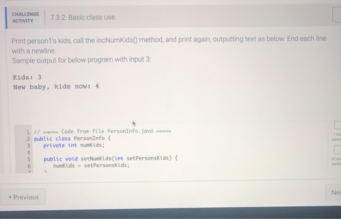  CHALLENGE ACTIVITY 7.3.2: Basic class use. Print person1's kids, call the