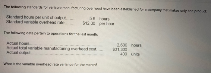  The following standards for variable manufacturing overhead have been established for