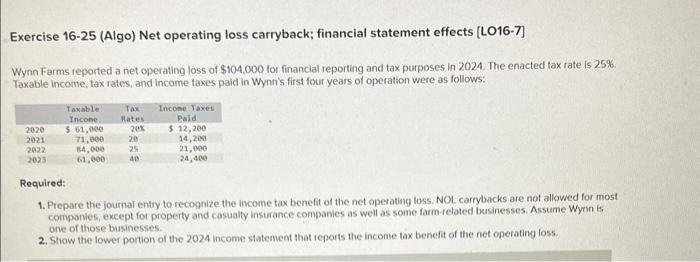  Exercise 16-25 (Algo) Net operating loss carryback; financial statement effects [LO16-7]