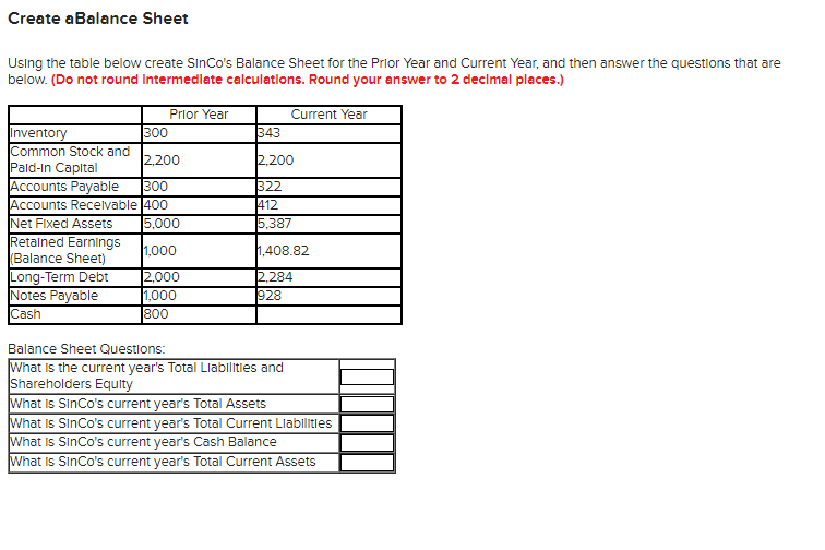  Create aBalance Sheet Using the table below create SInCo's Balance Sheet