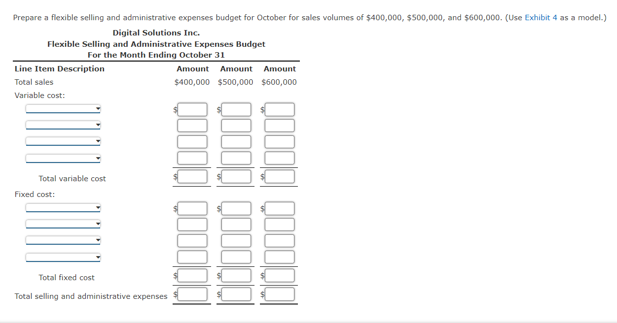 following data: Prepare a flexible selling and administrative expenses budget for October