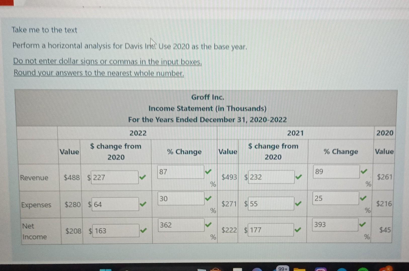  Take me to the text Perform a horizontal analysis for Davis
