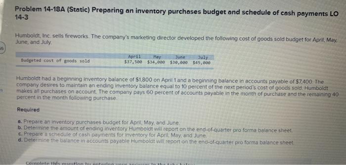  Problem 14-18A (Static) Preparing an inventory purchases budget and schedule of